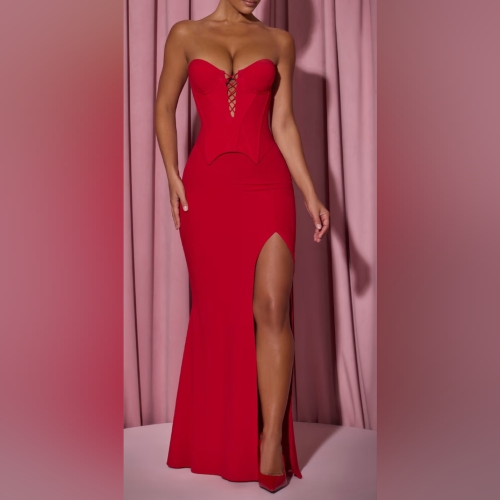 OH POLLY Marceline Lace-Up Corset Fishtail Maxi Dress in Red Size US4 UK8 NWT